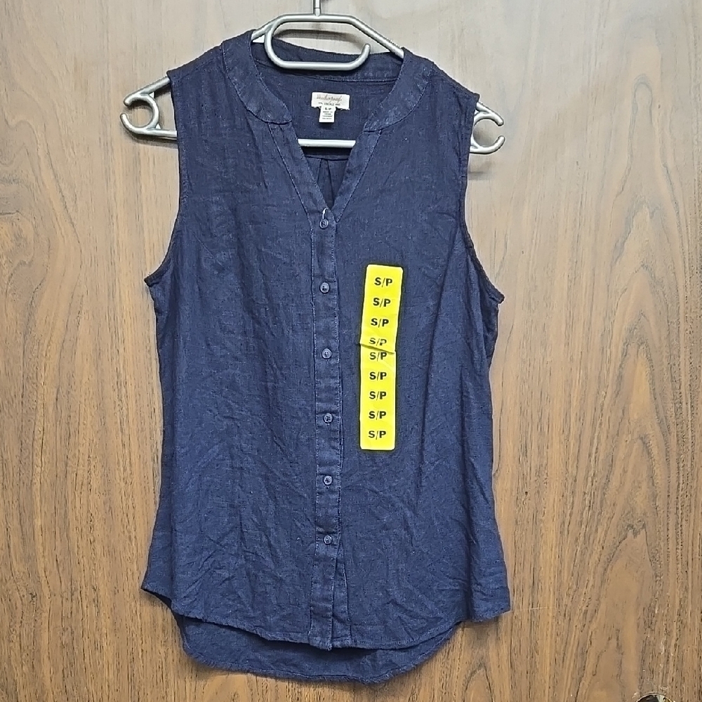 Original Weatherproof Vintage Size S Navy Linen Blend Button Down Sleeveless Top